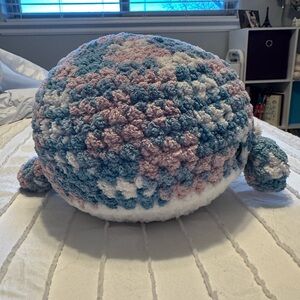 Pink, blue and white crochet whale